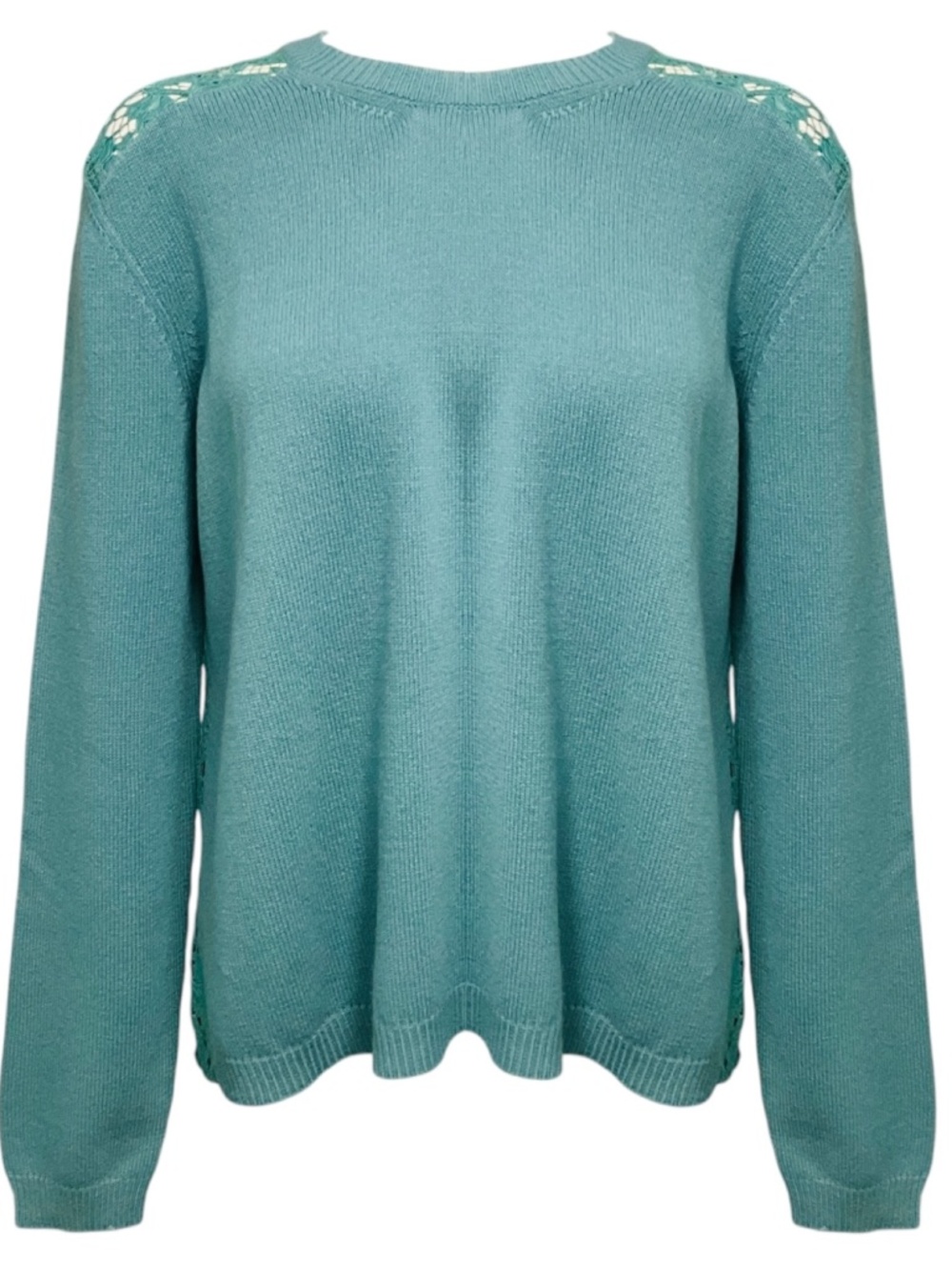 VALENTINO TURQUOISE WOOL AND CASHMERE KNIT CREWNECK PULLOVER SWEATER WITH LACE B